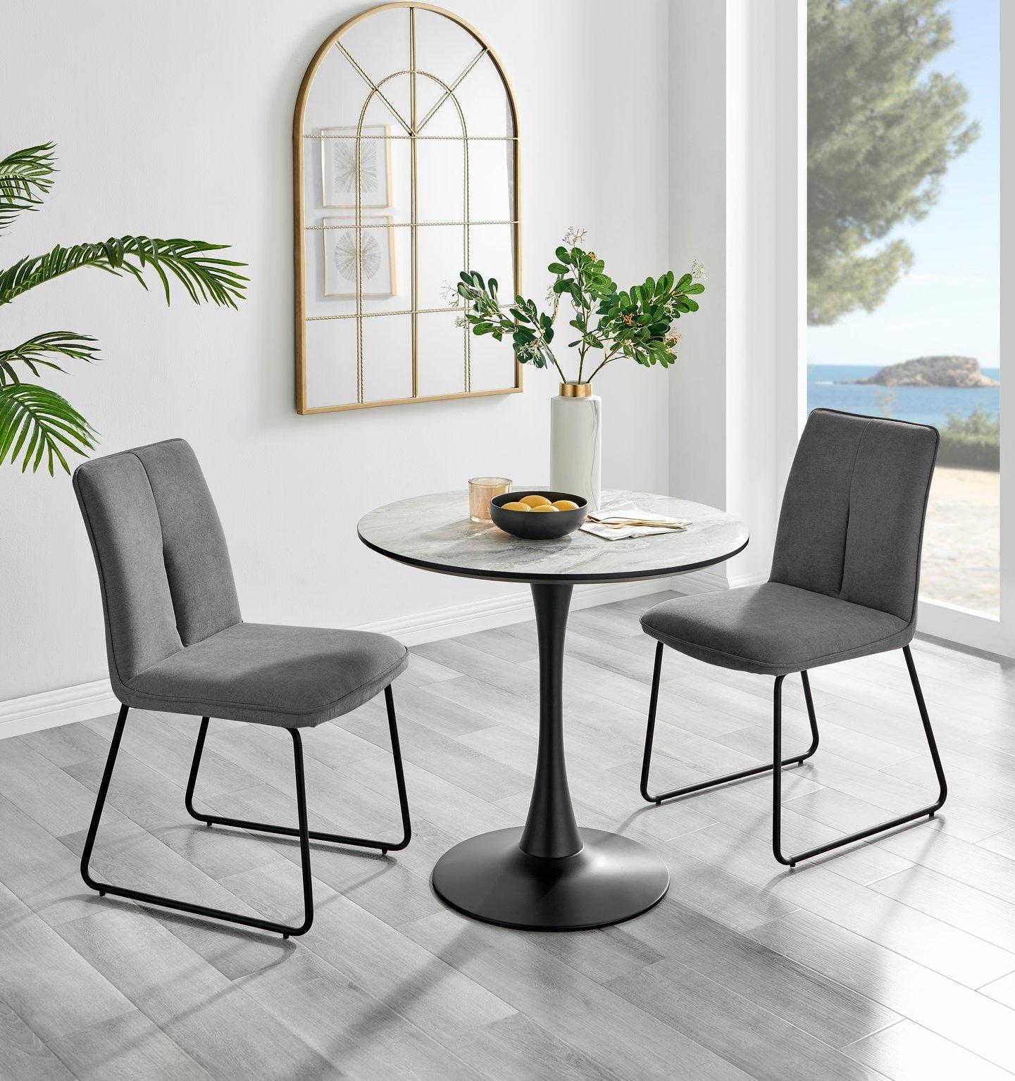 Elina White Marble Effect Scratch Resistant Dining Table & 2 Halley Fabric Chairs